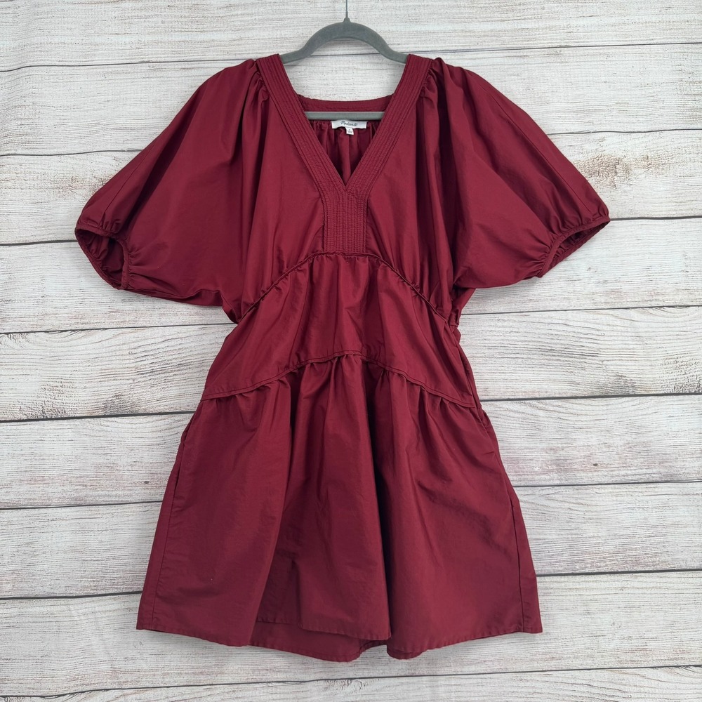 Madewell Dress Women Small Red V-Neck Puff Sleeve Tiered Cotton Mini NS222
